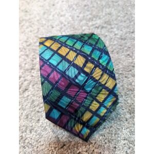 Missoni Mens 100% Pure Silk Tie Geometric Squares Pattern Blue Green Gold Purple